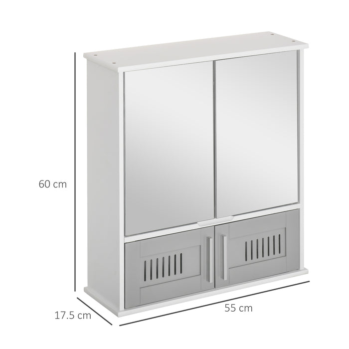 kleankin Bathroom Mirror Cabinet, Wall Mounted Storage Cupboard with Double Doors and Adjustable Shelf, Bathroom Organizer, Grey