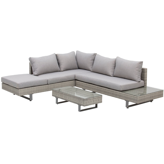 5-Seater Rattan Garden Furniture Wicker Conservatory Corner Sofa Set Chaise Lounge with Coffee Table, Side Table & Cushions Èö Grey