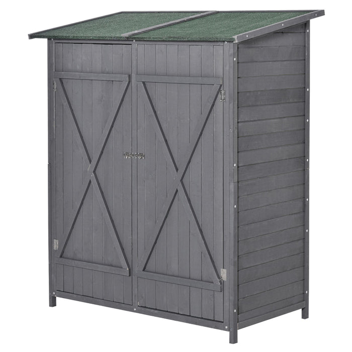 Wooden Garden Storage Shed Lockable Tool Cabinet Organizer w/ Storage Table, Double Door, 139 x 75 x 160 cm, Grey