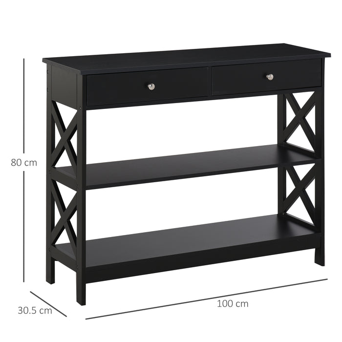 Console Table Side Desk w/ Shelves Drawers Open Top X Support Frame Living Room Hallway Home Office Furniture Black