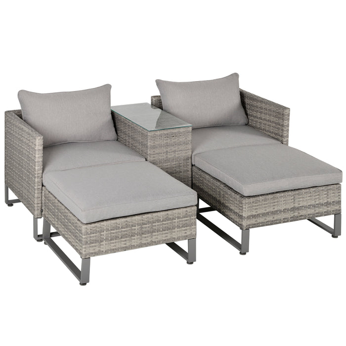 2 Seater Patio Rattan Wicker Sofa Set Chaise Lounge Double Sofa Bed Furniture w/ Coffee Table & Footstool for Patios, Garden, Backyard, Grey