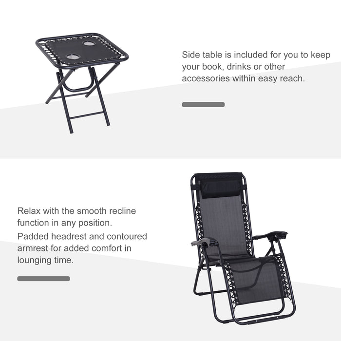 3pcs Folding Zero Gravity Chairs Sun Lounger Table Set w/ Cup Holders Reclining Garden Yard Pool, Black
