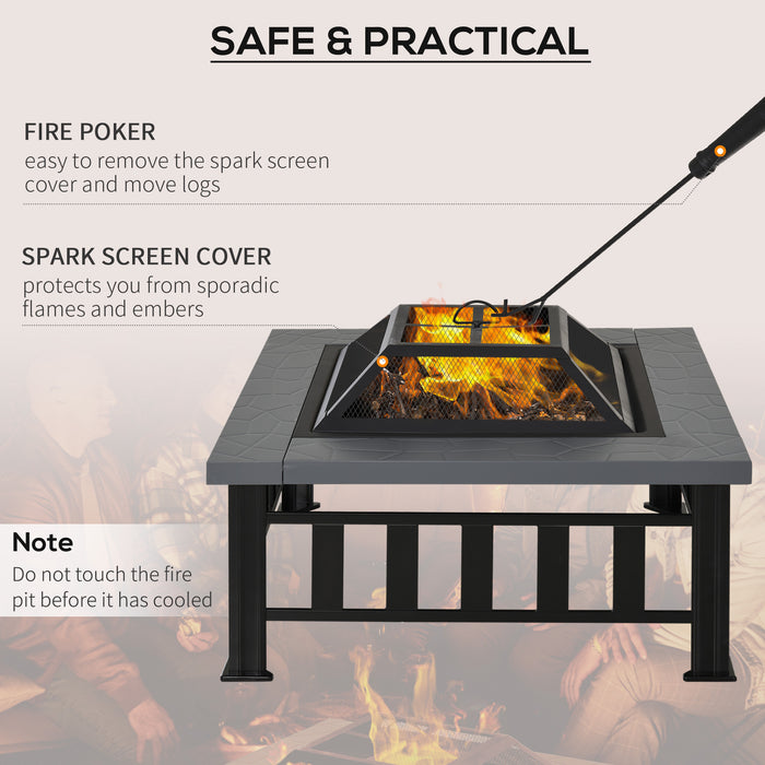 Metal Large Firepit Outdoor Square Fire Pit Brazier w/ Rain Cover, Lid, Log Grate for Backyard, Camping, BBQ, Bonfire, 86 x 86 x 54cm, Black