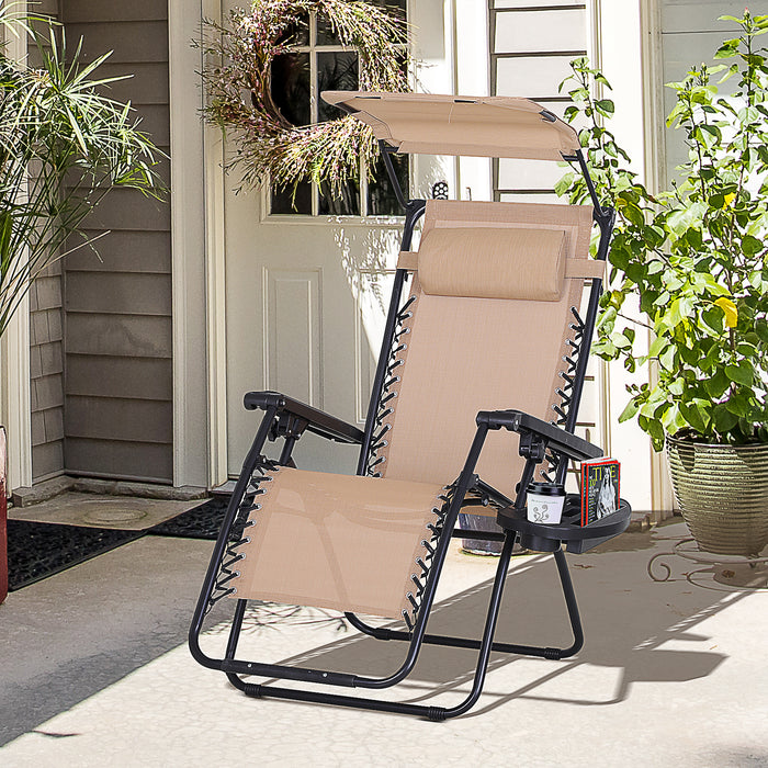 Zero Gravity Garden Deck Folding Chair Patio Sun Lounger Reclining Seat with Cup Holder & Canopy Shade - Beige