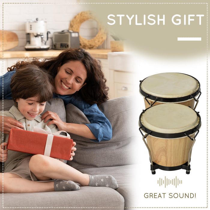 Wooden Bongo Drum Set w/ Sheepskin Drum Head, Percussion Instrument, ?¬7.75" & ?¬7" Drums, for Kids Adults, w/ Tuning Wrench