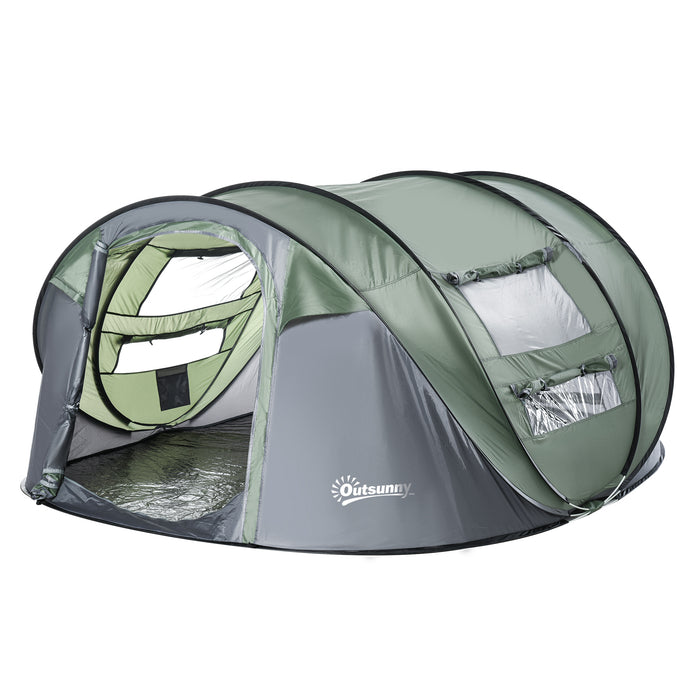 4-5 Person Pop-up Camping Tent Waterproof Family Tent w/ 2 Mesh Windows & PVC Windows Portable Carry Bag for Outdoor Trip Dark Green