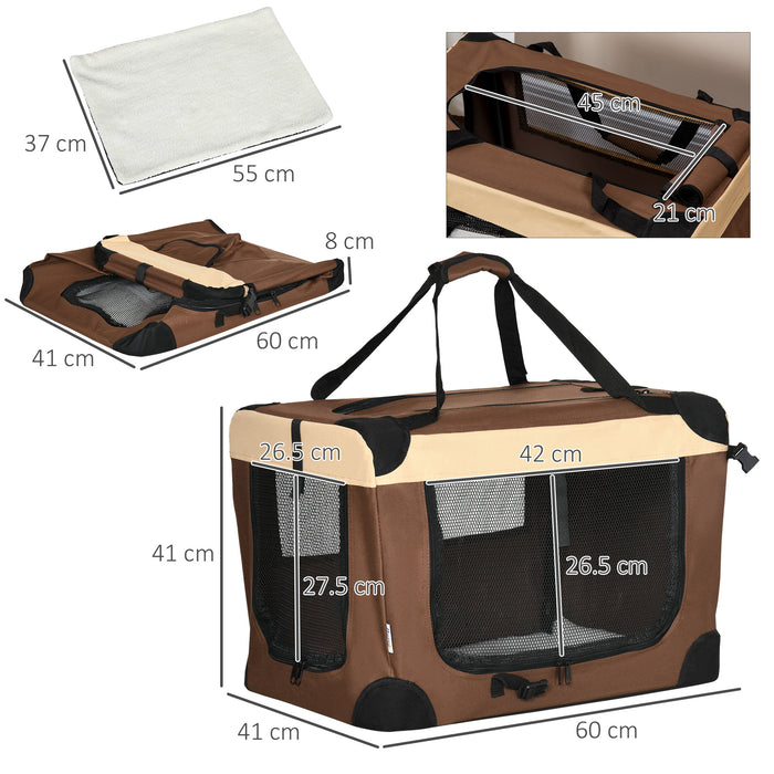 PawHut 60cm Foldable Pet Carrier, Dog Cage, Portable Cat Carrier, Cat Bag, Pet Travel Bag with Cushion for Miniature Dogs, Brown