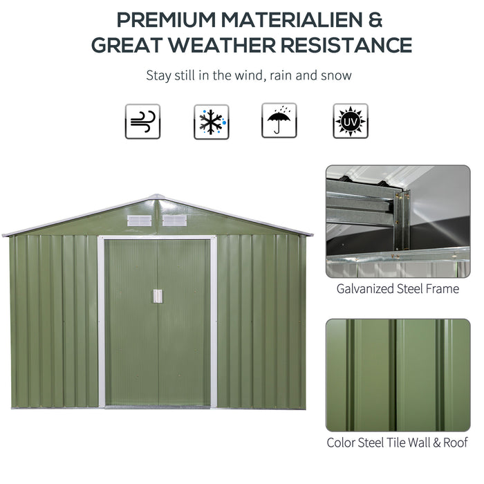 9 x 6 ft Metal Garden Storage Shed Corrugated Steel Roofed Tool Box with Foundation Ventilation and Doors, Light Green