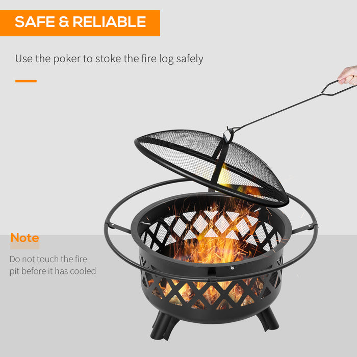 2-in-1 Outdoor Fire Pit with BBQ Grill, Patio Heater Log Wood Charcoal Burner, Firepit Bowl w/Spark Screen Cover, Poker for Backyard Bonfire