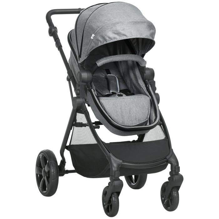 2 in 1 Lightweight Pushchair w/ Reversible Seat, Foldable Travel Baby Stroller w/ Fully Reclining From Birth to 3 Years, 5-point Harness Grey