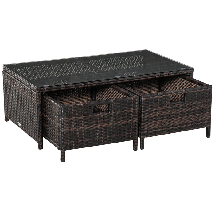 4-Seater Rattan Garden Furniture Patio Sofa Set Storage & Table Set w/ 2 Drawers Coffee Table & Corner Sofa, Brown