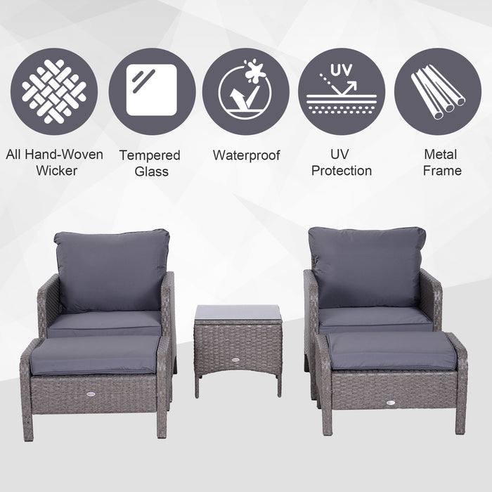 2 Seater Rattan Garden Furniture Set Wicker Weave Sofa Chair with Footstool and Coffee Table Thick Cushions Dark Grey