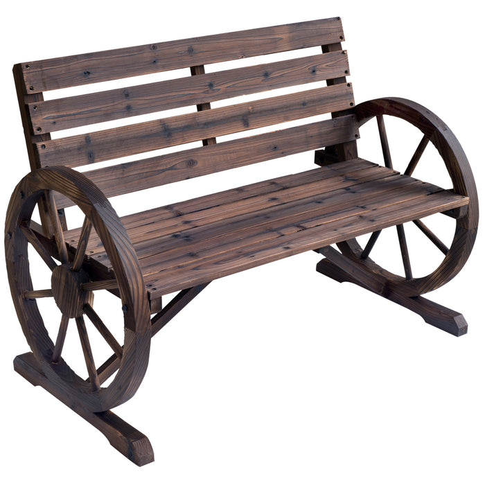 2 Seater Garden Bench Outdoor Garden Armrest Chair with Wooden Cart Wagon Wheel Rustic High Back Brown