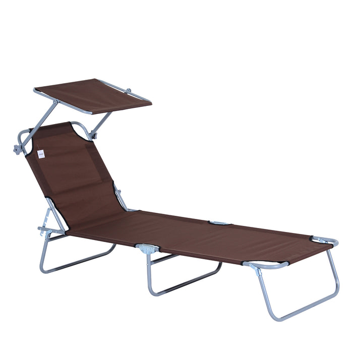 Reclining Chair Sun Lounger Folding Lounger Seat with Sun Shade Awning Beach Garden Outdoor Patio Recliner Adjustable (Brown)