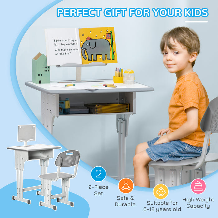 Kids Desk and Chair Set, Height Adjustable Study Table Set with Storage Drawer, Book Stand, Cup Holder, Pen Slot, Grey