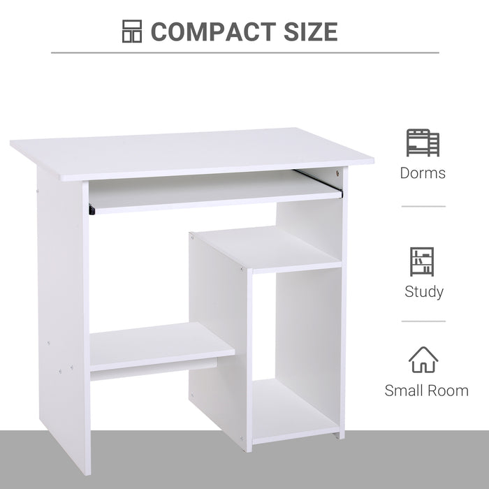 Compact Small Computer Table Wooden Desk Keyboard Tray Storage Shelf Modern Corner Table Home Office White