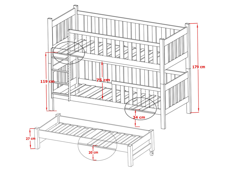 Wooden Bunk Bed Emily with Trundle and Storage