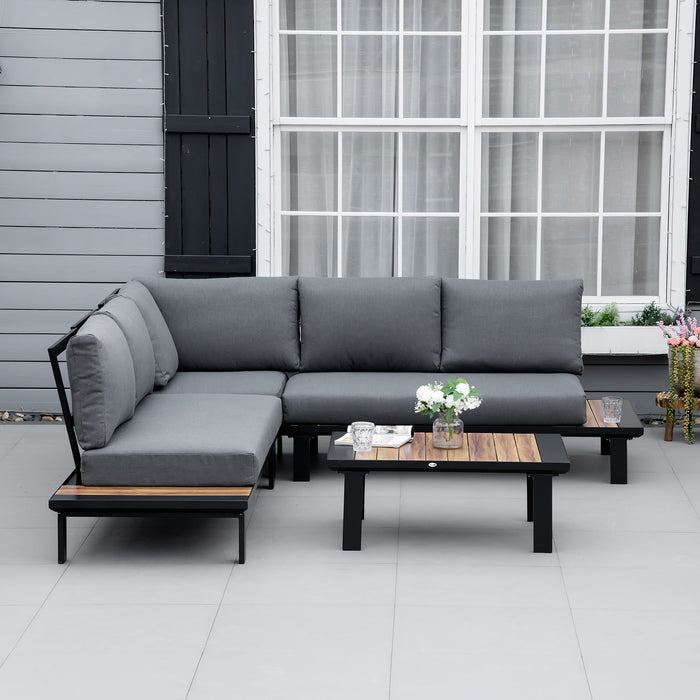4 Pieces Aluminium Garden Furniture Set Indoor Outdoor L Shape Corner Conversation Set with Coffee Table Cushioned Patio, Grey