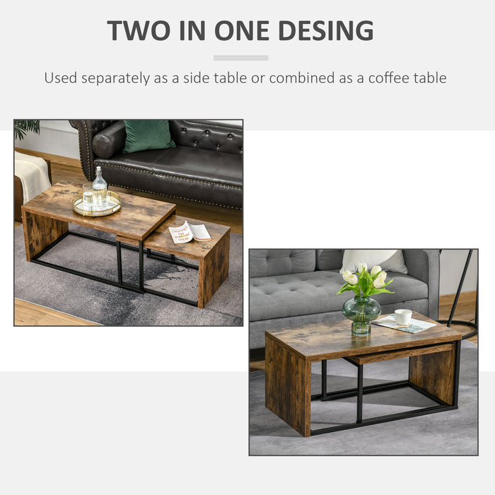 Set of 2 Coffee Tables Industrial Style Tea Table, Side Table w/ Metal Frame for Living Room Bedroom Black & Brown