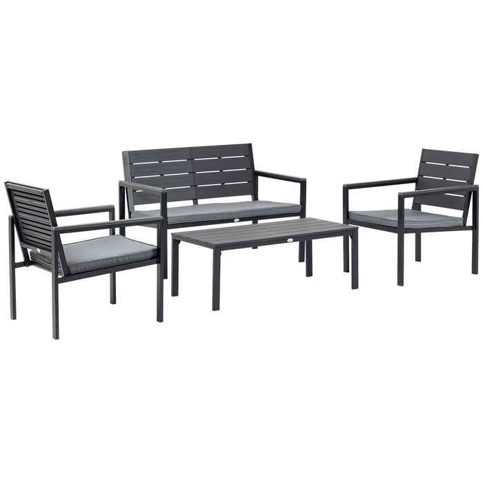 4 Piece Garden Sofa Set with Padded Cushions, Outdoor Conversation Furniture Set with Wood Grain Coffee Table, Steel Frame Grey