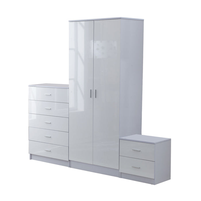 High Gloss 3 Piece Trio Bedroom Furniture Set Wardrobe + Chest Of Drawer + Bedside White