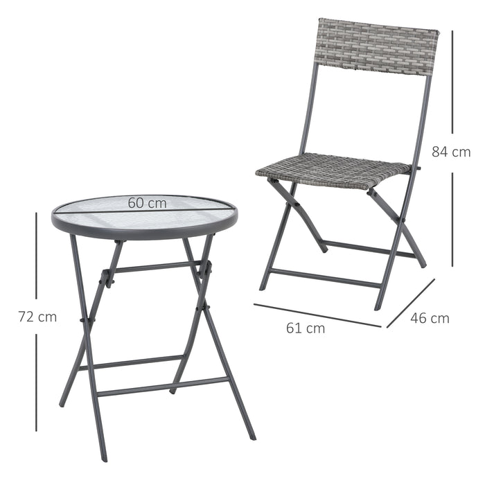 2 Seater Patio PE Rattan Wicker Bistro Conversation Set Foldable Table and Chair Set for Outdoor Yard Porch Poolside Lawn Balcony Grey