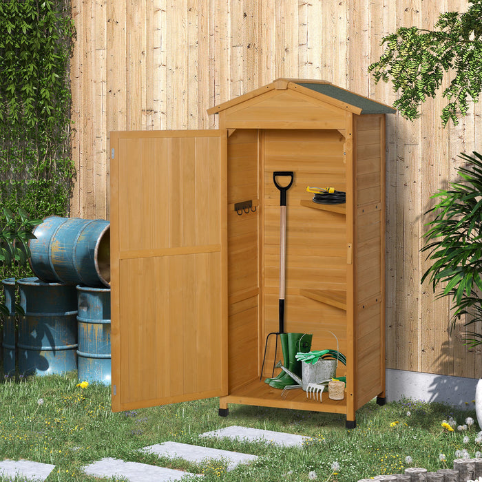 Wooden Garden Cabinet 3-Tier Storage Shed 2 Shelves Lockable Organizer with Hooks Foot Pad 74 x 55 x 155cm Dark Yellow