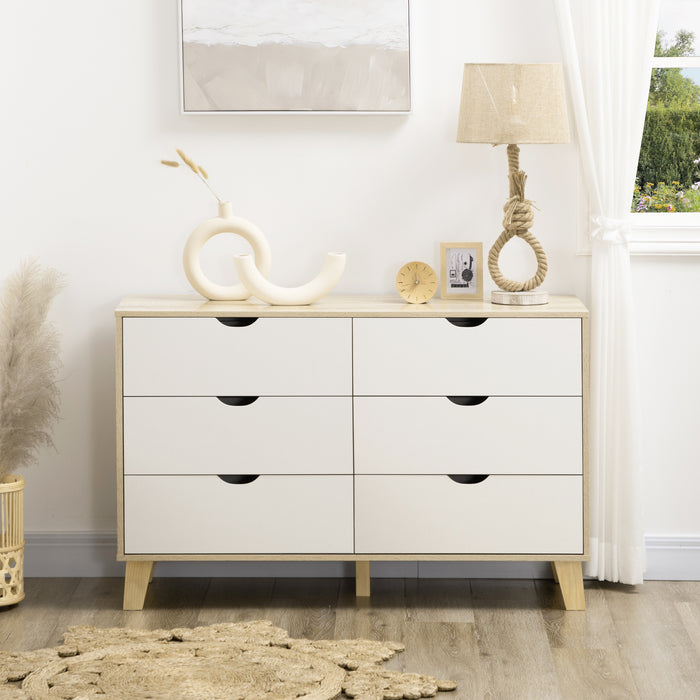 Wide Chest of Drawers, 6-Drawer Storage Organiser Unit with Wood Legs for Bedroom, Living Room, White and Light Brown