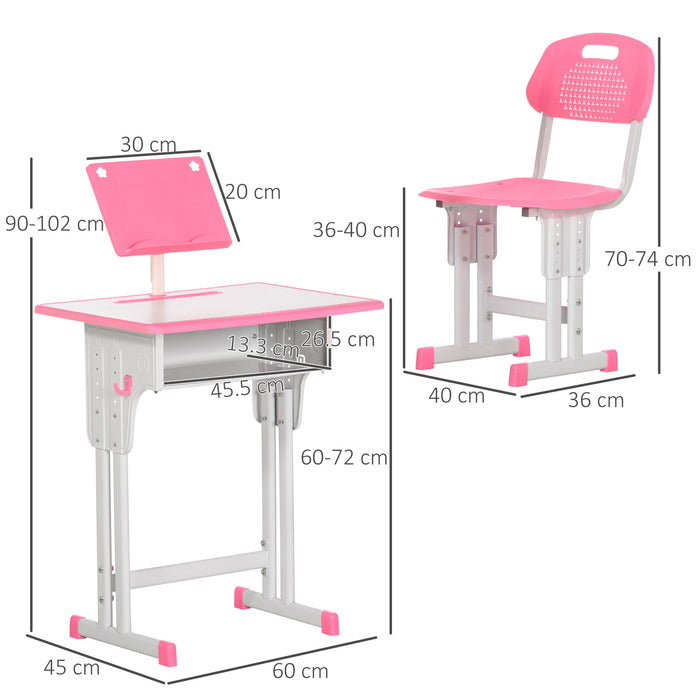 Kids Desk and Chair Set, Height Adjustable Study Table Set with Storage Drawer, Book Stand, Cup Holder, Pen Slot, Pink