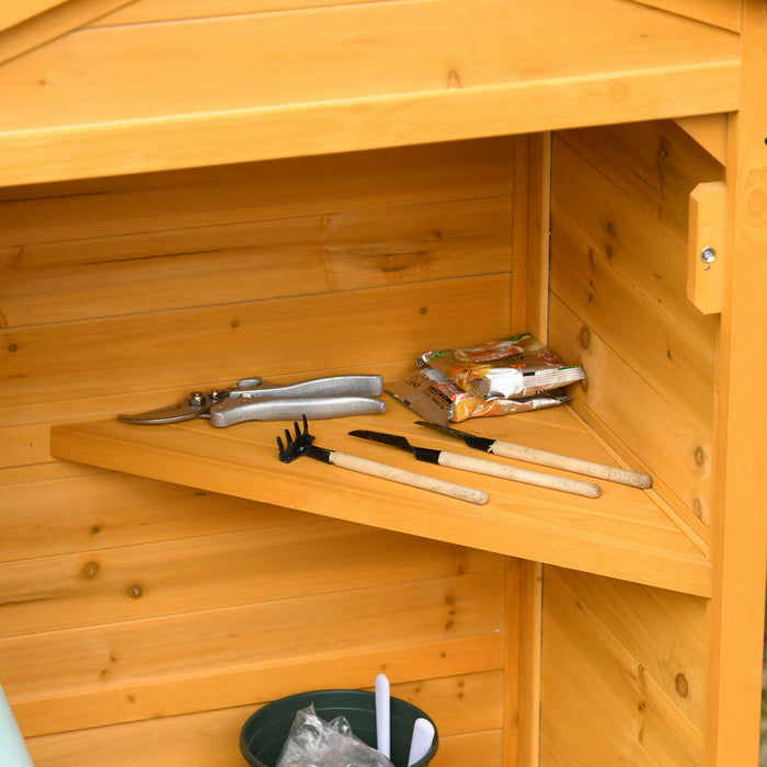 Wooden Garden Cabinet 3-Tier Storage Shed 2 Shelves Lockable Organizer with Hooks Foot Pad 74 x 55 x 155cm Dark Yellow