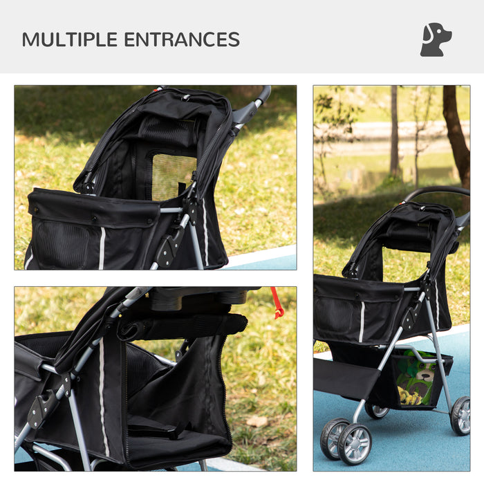 PawHut Pet Stroller for Small Miniature Dogs Cats Foldable Travel Carriage with Wheels Zipper Entry Cup Holder Storage Basket Black