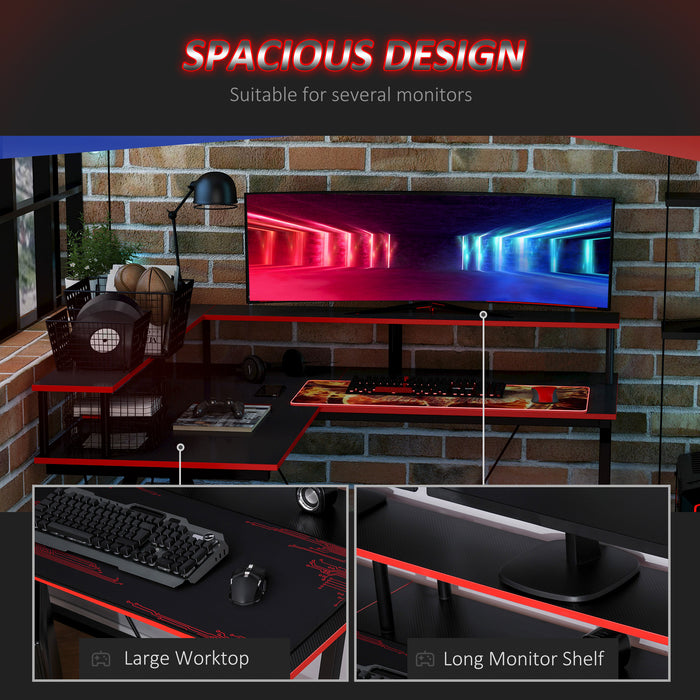 L-Shape Corner Gaming Desk Computer Table with Elevated Monitor Shelf Workstation, Black Red