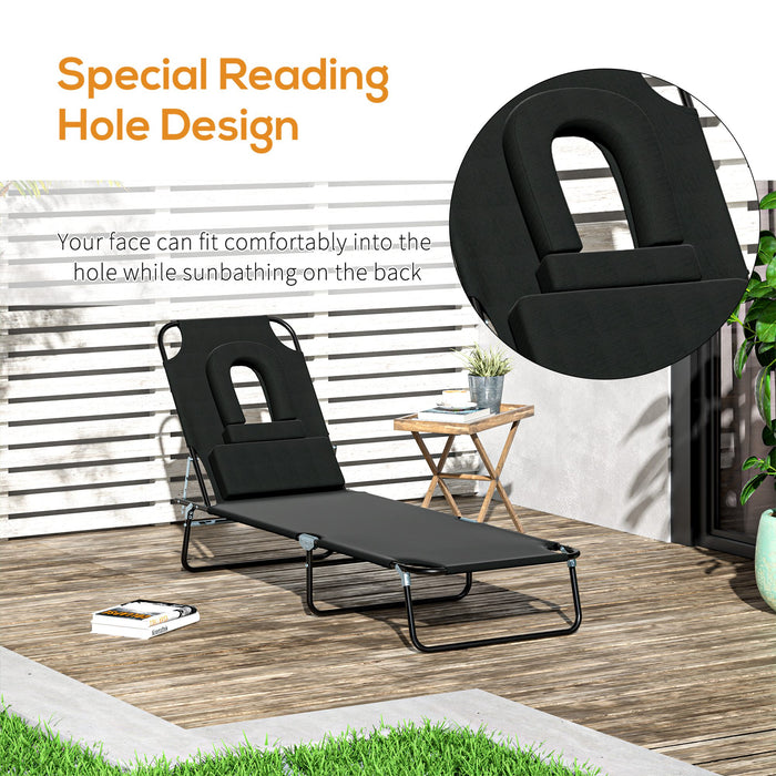 Sun Lounger Foldable Reclining Chair with Pillow and Reading Hole Garden Beach Outdoor Recliner Adjustable Black