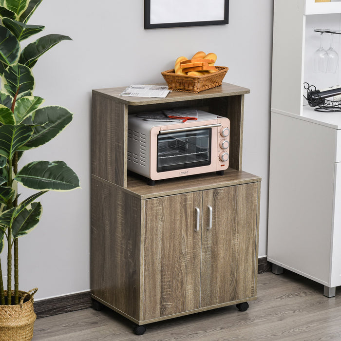 Microwave Cart on Wheels Utility Trolley Storage Sideboard Bookcase with 2-door Cabinet, 97H x 60.4W x 40.3Dcm, Grey