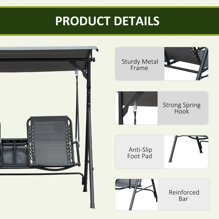 2-Seater Swing Chair Steel Frame Adjustable Canopy Texteline Garden Swing Seat w/ Middle Table Cup Holders Heavy Duty Outdoor Patio - Grey