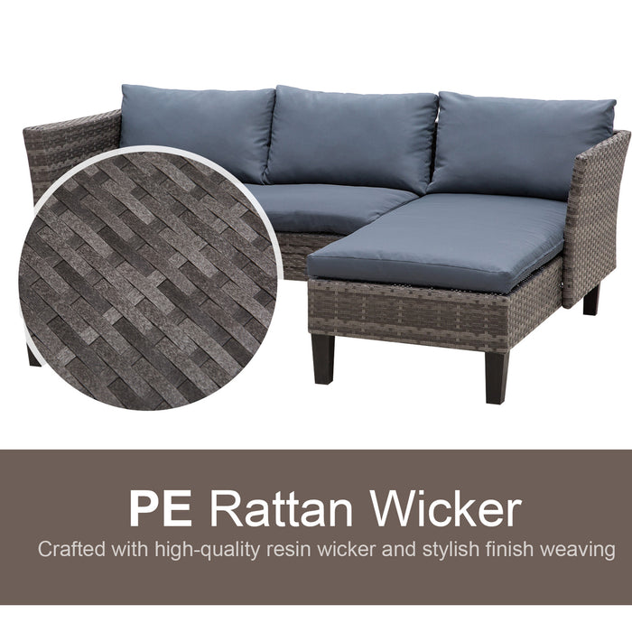 3 Pcs Garden Sofa PE Rattan Set w/ 2 Seats Square Glass Top Coffee Table Thick Cushions Solid Legs Metal Frame Patio L Corner Shape - Grey