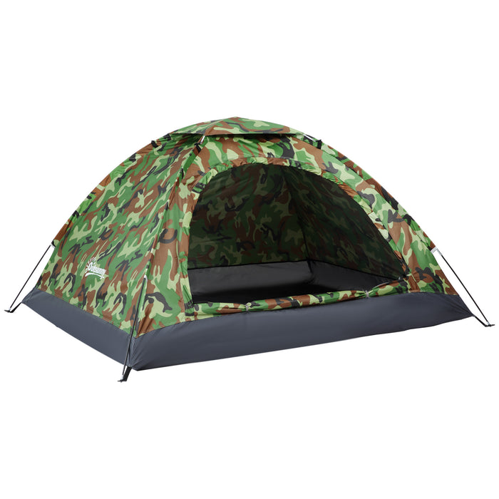 2 Person Camping Tent, Camouflage Tent with Zipped Doors, Storage Pocket, Portable Handy Bag, Multicoloured