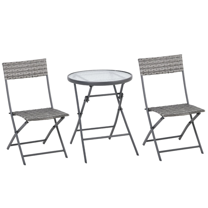 2 Seater Patio PE Rattan Wicker Bistro Conversation Set Foldable Table and Chair Set for Outdoor Yard Porch Poolside Lawn Balcony Grey