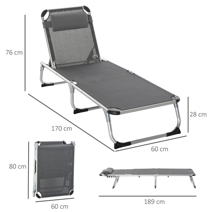 Foldable Reclining Sun Lounger Lounge Chair Camping Bed Cot with Pillow 5-Level Adjustable Back Aluminium Frame Grey