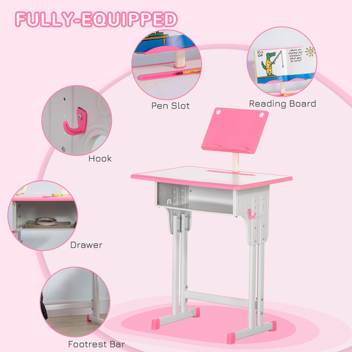 Kids Desk and Chair Set, Height Adjustable Study Table Set with Storage Drawer, Book Stand, Cup Holder, Pen Slot, Pink