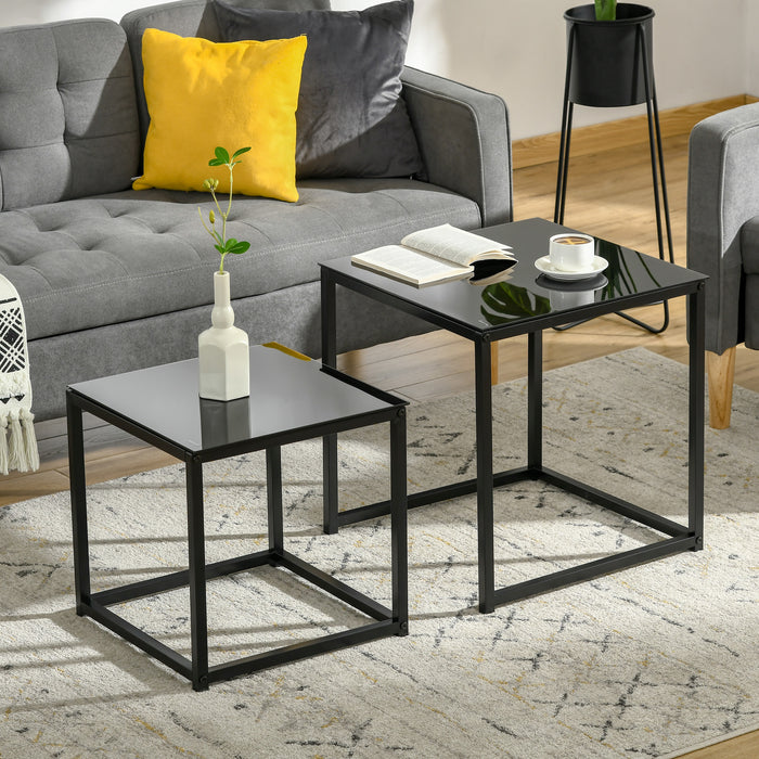 Nest of 2 Side Tables, Set of Modern Bedside Tables with Tempered Glass Desktop for Living Room, Bedroom, Office, Black