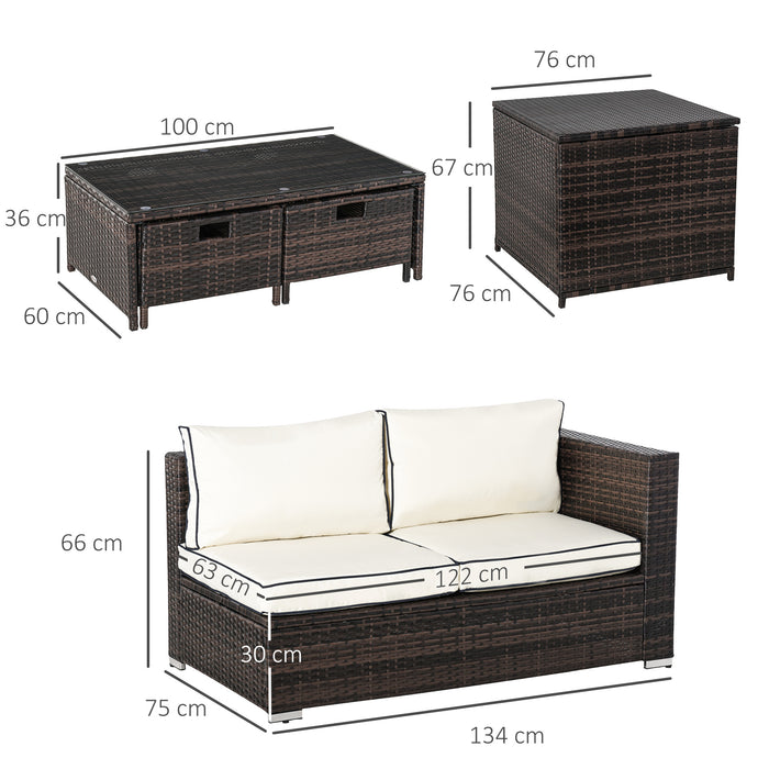 4-Seater Rattan Garden Furniture Patio Sofa Set Storage & Table Set w/ 2 Drawers Coffee Table & Corner Sofa, Brown