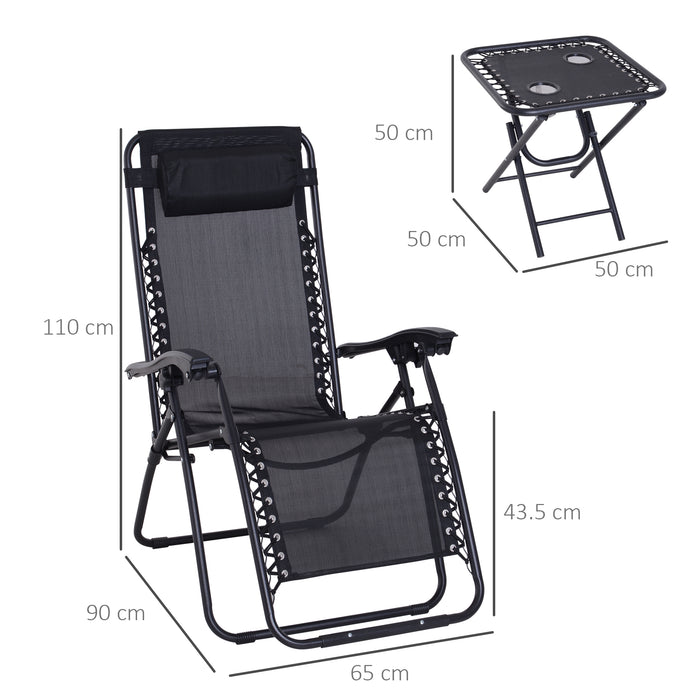 3pcs Folding Zero Gravity Chairs Sun Lounger Table Set w/ Cup Holders Reclining Garden Yard Pool, Black