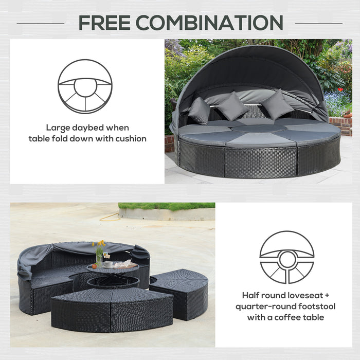 4 Pieces PE Rattan Garden Daybed Set, Outdoor Wicker Cushioned Round Sofa Bed Conversation Furniture with Coffee Table & Canopy, Black