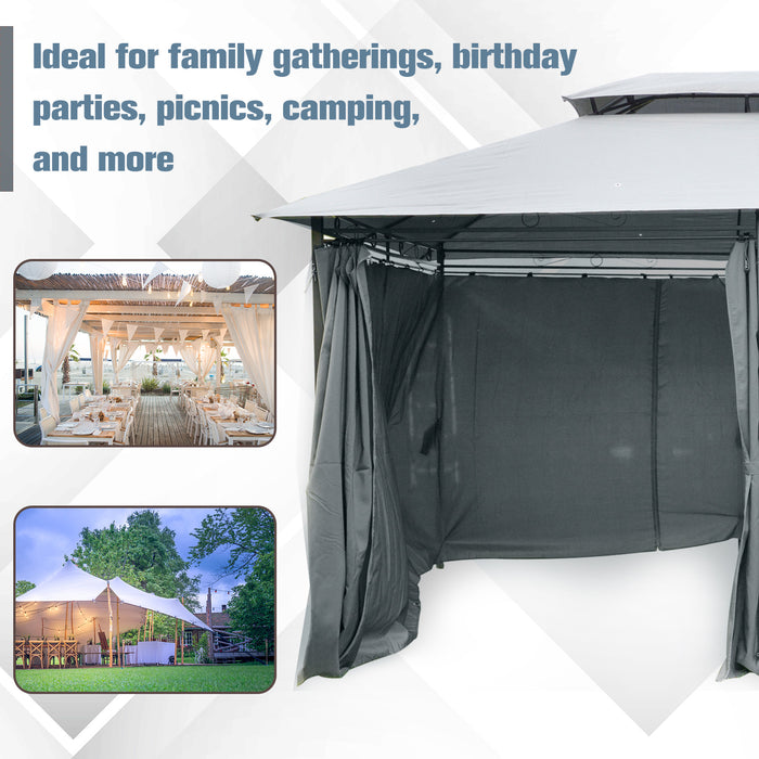 10 x 13ft Outdoor 2-Tier Steel Frame Gazebo with Curtains Outdoor Backyard, Black/Grey