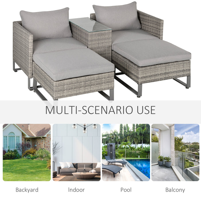 2 Seater Patio Rattan Wicker Sofa Set Chaise Lounge Double Sofa Bed Furniture w/ Coffee Table & Footstool for Patios, Garden, Backyard, Grey