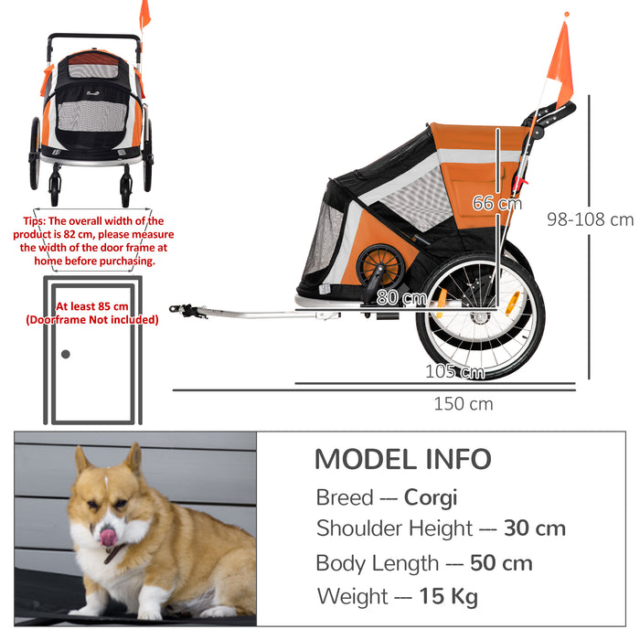 PawHut Dog Bike Trailer 2-in-1 Pet Stroller for Large Dogs Cart Foldable Bicycle Carrier Aluminium Frame with Safety Leash Hitch Coupler Flag Orange