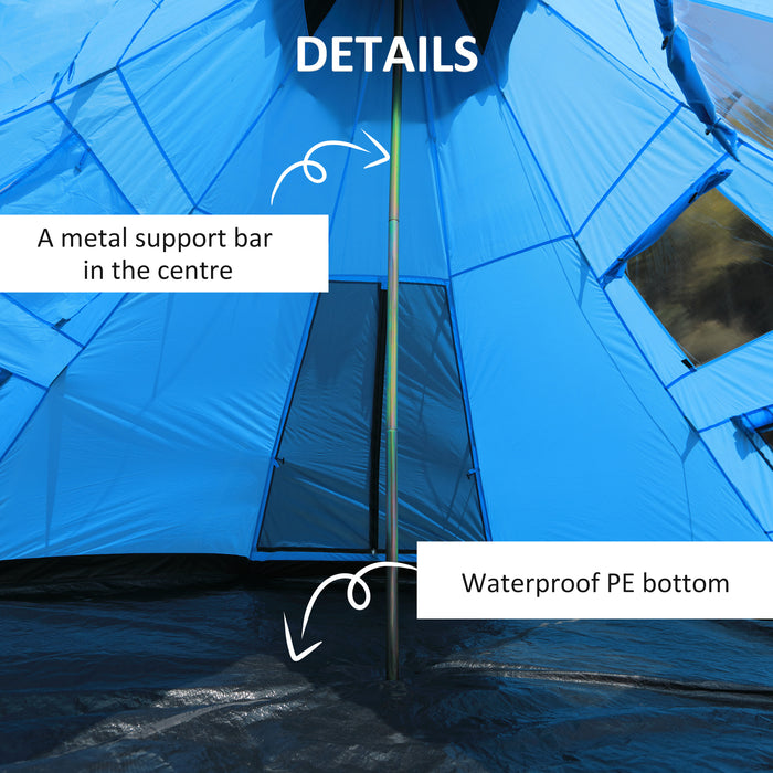 6 Men Tipi Tent, Camping Teepee Family Tent with Mesh Windows Zipped Door Carry Bag, Easy Set Up for Hiking Picnics Outdoor Night, Blue