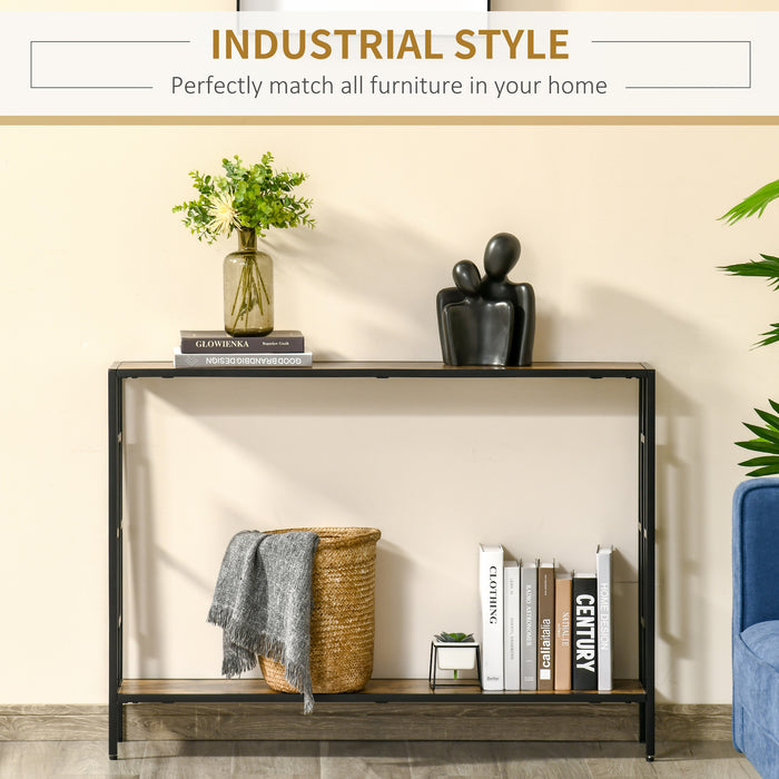 Industrial Console Table with Storage Shelf, Narrow Hallway Dressing Desk with Metal Frame for Living Room, Bedroom, Rustic Brown