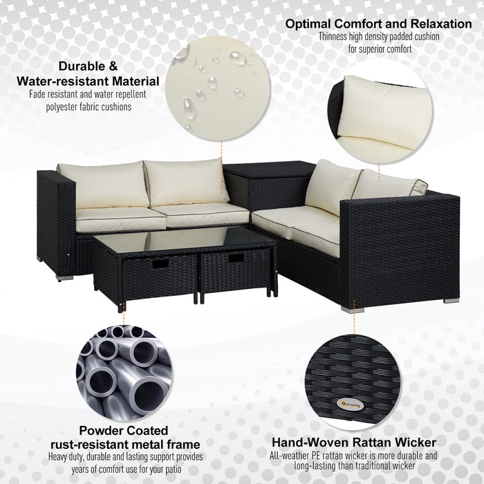 4-Seater Rattan Garden Furniture Patio Sofa Storage & Table Set w/ Coffee Table & Corner Sofa - Black
